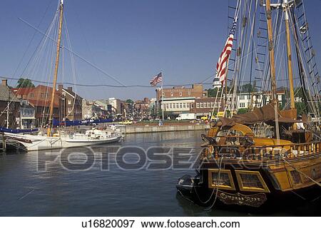 Stock Photo -  Annapolis, Maryland, Chesapeake Bay, Sailboats moored at City Dock on the harbor in downtown Annapolis in the state of Maryland. . Fotosearch