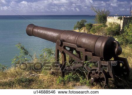 Antigua, Caribbean, cannon, St. John's, Caribbean Islands, Cannon displayed at Fort James (1739) overlooking the Caribbean Sea in St. John's the capital of the island of Antigua (a British Commonwealth member). View Large Photo Image Stock Photograph - Antigua, Caribbean, cannon, St. John's, Caribbean Islands, Cannon displayed at Fort James (1739) overlooking the Caribbean Sea in St. John's the capital of the island of Antigua (a British Commonwealth member). . Fotosearch