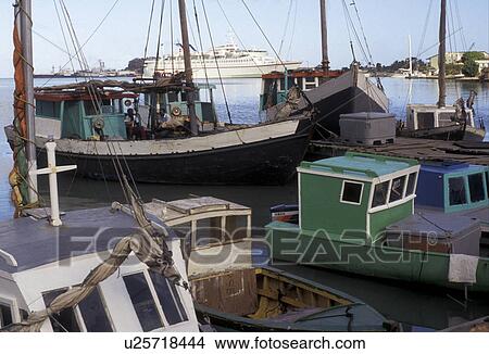 Picture -  Antigua, Caribbean, St. John's, Caribbean Islands, Fishing boats moored at the marina on St. John's Harbor in St. John's the capital of the island of Antigua (a British Commonwealth member).. Fotosearch