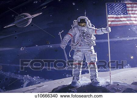 Stock Image -  astronaut, moon landing, man on the moon, mural, National Air & Space Museum, Washington, D. C District of Columbia, Mural of astronaut on the moon at the National Air & Space Museum in Washington, DC.. Fotosearch