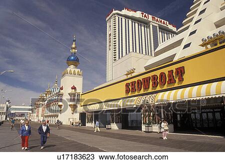 Stock Image -  Atlantic City, casino, boardwalk, New Jersey, Showboat and Taj Mahal Casino Hotels along the Boardwalk in Atlantic City in the state of New Jersey. . Fotosearch