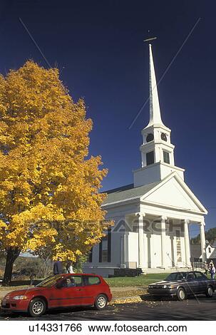 Stock Photograph -  autumn, church, Stowe, Vermont, The Community Church on Main Street in scenic Stowe Village in the fall in the state of Vermont. . Fotosearch