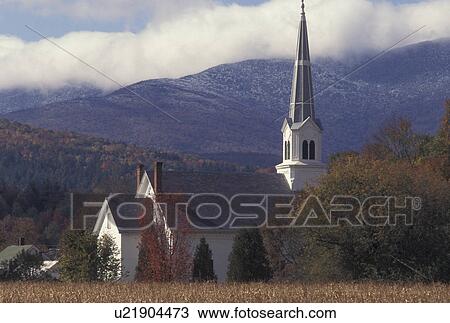 autumn, church, Vermont, Scenic view of the United Church of Christ with the first dusting of snow on the Green Mountains in the background in the fall in Waitsfield in Washington County in the state of Vermont. View Large Photo Image Stock Image - autumn, church, Vermont, Scenic view of the United Church of Christ with the first dusting of snow on the Green Mountains in the background in the fall in Waitsfield in Washington County in the state of Vermont. . Fotosearch