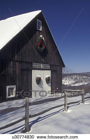 barn, Vermont, VT, Brown barn with white doors decorated with wreaths in the snow in winter in Pomfret. View Large Photo Image Stock Image - barn, Vermont, VT, Brown barn with white doors decorated with wreaths in the snow in winter in Pomfret.. Fotosearch