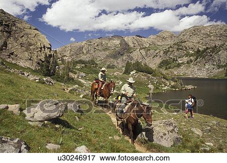 Bighorn National Forest, Wyoming, horseback riding, Bighorn Mountains, Two rangers on horseback ride by mother and daughter hiking in the Cloud Peak Wilderness Area in Bighorn National Forest in the state of Wyoming. View Large Photo Image Stock Photo - Bighorn National Forest, Wyoming, horseback riding, Bighorn Mountains, Two rangers on horseback ride by mother and daughter hiking in the Cloud Peak Wilderness Area in Bighorn National Forest in the state of Wyoming. . Fotosearch