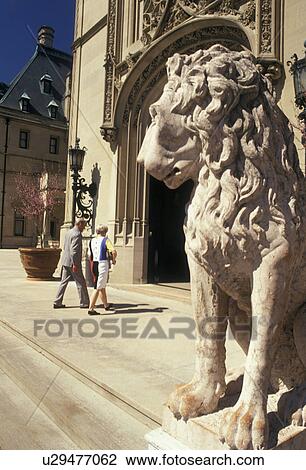 Stock Image -  Biltmore House, Asheville, Biltmore, Biltmore Estate, North Carolina, chateau, A statue of a lion at the entrance of The Biltmore House a French Renaissance-style chateau at the Biltmore Estate in Asheville in the state of North Carolina.. Fotosearch