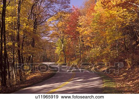 Stock Photo -  Blue Ridge Parkway, Blue Ridge, autumn, road, Virginia, Blue Ridge Mountains, Appalachian Mountains, The scenic Blue Ridge Parkway in the fall through the Jefferson National Forest in the state of Virginia.. Fotosearch
