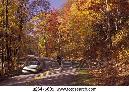 Blue Ridge Parkway, Blue Ridge, autumn, road, Virginia, Blue Ridge Mountains, Appalachian Mountains, Cars and motorcycle drive along the scenic Blue Ridge Parkway in the fall through the Jefferson National Forest in the state of Virginia. View Large Photo Image Stock Photography - Blue Ridge Parkway, Blue Ridge, autumn, road, Virginia, Blue Ridge Mountains, Appalachian Mountains, Cars and motorcycle drive along the scenic Blue Ridge Parkway in the fall through the Jefferson National Forest in the state of Virginia.. Fotosearch