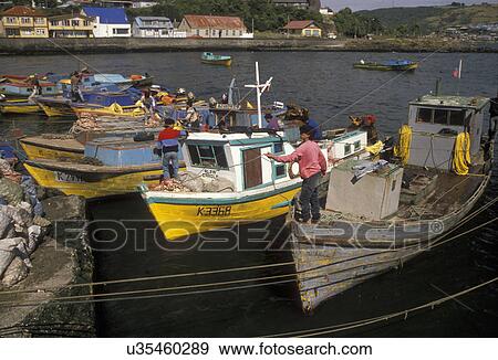 Stock Photo -  boats, Chile, Chiloe Island, Local fishermen on colorful fishing boats moored in the harbor in Ancud on the Pacific Ocean on Chiloe Island in Chile. . Fotosearch