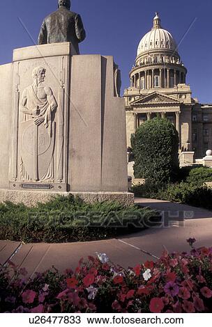 Stock Image -  Boise, State Capitol, State House, Idaho, Monument stands in front of the State Capitol building in the capital city of Boise in the state of Idaho.. Fotosearch