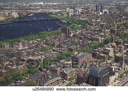 Stock Image -  Boston, aerial, Massachusetts, Aerial of Charles River and downtown Boston looking northeast from Prudential Tower Skywalk in the state of Massachusetts. . Fotosearch