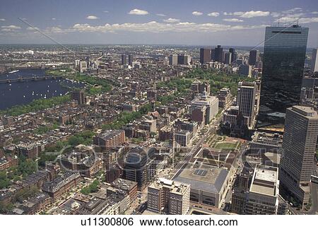Stock Photograph -  Boston, aerial, Massachusetts, Aerial of Charles River and downtown Boston looking east from Prudential Tower Skywalk in the state of Massachusetts. . Fotosearch