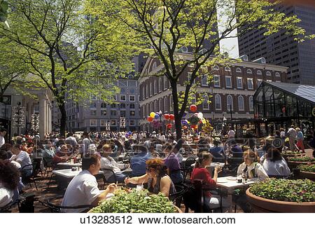Boston, outdoor cafe, Marketplace, Faneuil Hall, Quincy Market, Massachusetts, People eating at an outdoor cafe on a sunny day in the spring at Faneuil Hall Marketplace in downtown Boston in the state of Massachusetts. View Large Photo Image Stock Image - Boston, outdoor cafe, Marketplace, Faneuil Hall, Quincy Market, Massachusetts, People eating at an outdoor cafe on a sunny day in the spring at Faneuil Hall Marketplace in downtown Boston in the state of Massachusetts. . Fotosearch
