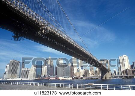 Stock Image -  Bridge, New York City, New York, Manhattan, N. Y. C Brooklyn Bridge and Skyline of Lower Manhattan from Brooklyn Heights on the East River in New York City, New York.. Fotosearch