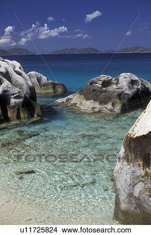 Picture -  British Virgin Islands, The Baths, Virgin Gorda, beach, Caribbean, Virgin Islands, B. V. I BVI, Picturesque view of the bay and granite boulders at The Crawl on the island of Virgin Gorda on the British Virgin Islands.. Fotosearch