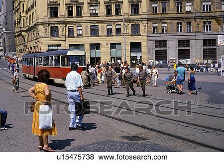 Stock Photo -  Brno, Czech Republic, Europe, trolley, People waiting for the trolley at Namesti Svobody Place in downtown Brno.. Fotosearch