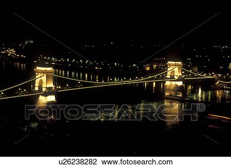 Budapest, bridge, Hungary, Europe, Scenic aerial view of the Chain Bridge, the Danube (Donau) River and the capital city of Budapest at night. View Large Photo Image Stock Image - Budapest, bridge, Hungary, Europe, Scenic aerial view of the Chain Bridge, the Danube (Donau) River and the capital city of Budapest at night.. Fotosearch