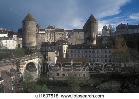 Burgundy, France, Semur-en-Auxois, Europe, A scenic view of the fortified town of Semur-en-Auxois on the riverbank of Armancon River in Burgundy, France. View Large Photo Image Stock Photo - Burgundy, France, Semur-en-Auxois, Europe, A scenic view of the fortified town of Semur-en-Auxois on the riverbank of Armancon River in Burgundy, France.. Fotosearch