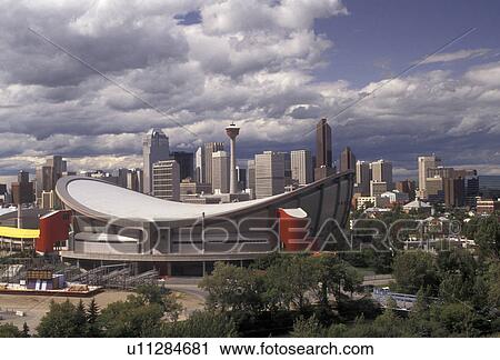 Stock Image -  Calgary, skyline, Alberta, Sadledome, Canada, The Canadian Airlines Saddledome and skyline of Calgary in the province of Alberta.. Fotosearch