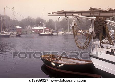 Camden, Maine, Atlantic Ocean, Boats docked in the quiet foggy harbor of Camden. View Large Photo Image Stock Photo - Camden, Maine, Atlantic Ocean, Boats docked in the quiet foggy harbor of Camden.. Fotosearch