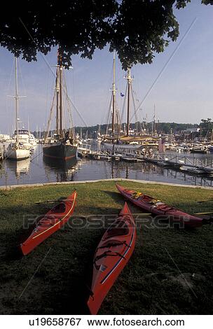 Camden, sea kayak, harbor, Maine, Atlantic Ocean, Red sea kayaks ready for renting on the lawn at the scenic harbor in the seaside town of Camden in the state of Maine. View Large Photo Image Stock Photo - Camden, sea kayak, harbor, Maine, Atlantic Ocean, Red sea kayaks ready for renting on the lawn at the scenic harbor in the seaside town of Camden in the state of Maine.. Fotosearch