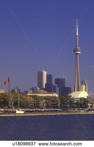 Stock Photo -  Canada, Ontario, Toronto, Skyline of downtown Toronto and CN Tower from the waters of Lake Ontario.. Fotosearch