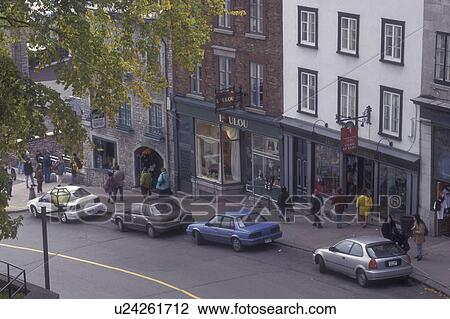 Canada, Quebec, Boutiques along the Cote de la Montagne in the Quartier Petit-Champlain of Quebec City., View Large Photo Image Stock Image - Canada, Quebec, Boutiques along the Cote de la Montagne in the Quartier Petit-Champlain of Quebec City., . Fotosearch