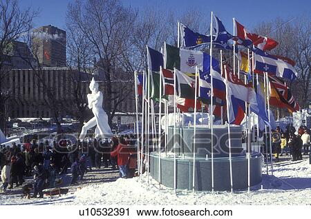Canada, Quebec, carnavalSnow sculptures at Place Desjardins at the Winter Carnival in Old Quebec City. Flags from different countries., View Large Photo Image Stock Image - Canada, Quebec, carnavalSnow sculptures at Place Desjardins at the Winter Carnival in Old Quebec City. Flags from different countries., . Fotosearch