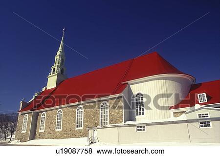 Canada, Quebec, Catholic Church in Saint-Jean with red roof on Ile d'Orleans., View Large Photo Image Stock Photo - Canada, Quebec, Catholic Church in Saint-Jean with red roof on Ile d'Orleans., . Fotosearch