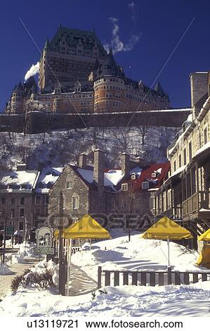 Canada, Quebec, Chateau Frontenac and Quartier Petit Champlain in winter in Quebec City., View Large Photo Image Stock Image - Canada, Quebec, Chateau Frontenac and Quartier Petit Champlain in winter in Quebec City., . Fotosearch