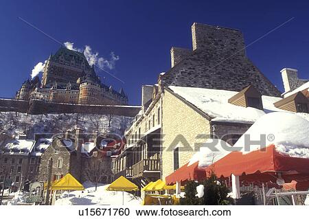 Canada, Quebec, Chateau Frontenac and Quartier Petit Champlain in winter in Quebec City., View Large Photo Image Stock Image - Canada, Quebec, Chateau Frontenac and Quartier Petit Champlain in winter in Quebec City., . Fotosearch