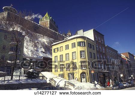 Stock Photo -  Canada, Quebec, Chateau Frontenac and Quartier Petit Champlain in winter in Quebec City., . Fotosearch