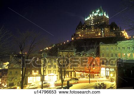 Canada, Quebec, Chateau Frontenac illuminated at night (evening) from Parc Montmorency in winter in Old Quebec City., View Large Photo Image Stock Image - Canada, Quebec, Chateau Frontenac illuminated at night (evening) from Parc Montmorency in winter in Old Quebec City., . Fotosearch