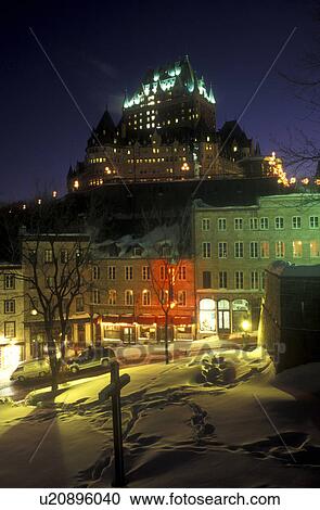 Canada, Quebec, Chateau Frontenac illuminated at night (evening) from Parc Montmorency in winter in Old Quebec City., View Large Photo Image Stock Image - Canada, Quebec, Chateau Frontenac illuminated at night (evening) from Parc Montmorency in winter in Old Quebec City., . Fotosearch