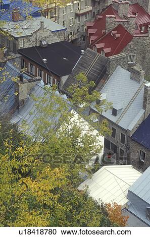 Canada, Quebec, Colorful rooftops on the old buildings in the Quartier Petit-Champlain of Quebec City., View Large Photo Image Stock Image - Canada, Quebec, Colorful rooftops on the old buildings in the Quartier Petit-Champlain of Quebec City., . Fotosearch