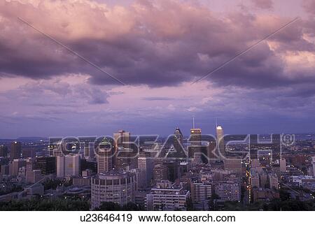 Canada, Quebec, Montreal, Aerial of the downtown skyline of Montreal in the evening from Mount Royal. View Large Photo Image Stock Photo - Canada, Quebec, Montreal, Aerial of the downtown skyline of Montreal in the evening from Mount Royal. . Fotosearch