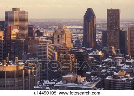 Canada, Quebec, Montreal, Aerial view of the downtown skyline of Montreal from Mont Royal in the evening. View Large Photo Image Stock Photography - Canada, Quebec, Montreal, Aerial view of the downtown skyline of Montreal from Mont Royal in the evening.. Fotosearch