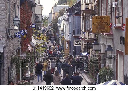Canada, Quebec, People walking along the Rue Petit-Champlain of Quebec City., View Large Photo Image Stock Image - Canada, Quebec, People walking along the Rue Petit-Champlain of Quebec City., . Fotosearch