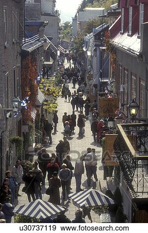 Canada, Quebec, People walking along the Rue Petit-Champlain of Quebec City., View Large Photo Image Stock Photo - Canada, Quebec, People walking along the Rue Petit-Champlain of Quebec City., . Fotosearch