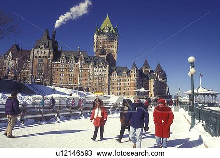 Canada, Quebec, People walking on Terrace Dufferin near Chateau Frontenac during the Winter Carnival in Old Quebec City., View Large Photo Image Stock Image - Canada, Quebec, People walking on Terrace Dufferin near Chateau Frontenac during the Winter Carnival in Old Quebec City., . Fotosearch