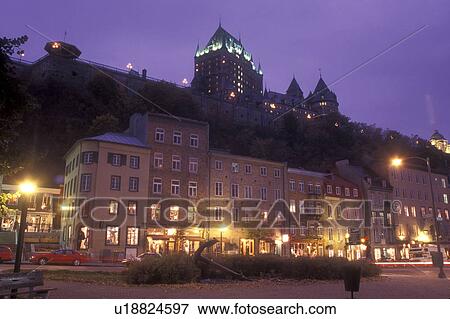 Canada, Quebec, Quartier Petit-Champlain and Chateau Frontenac illuminated at night (evening) in Quebec City View Large Photo Image Stock Photo - Canada, Quebec, Quartier Petit-Champlain and Chateau Frontenac illuminated at night (evening) in Quebec City . Fotosearch