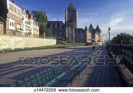 Canada, Quebec, Quebec City, Benches along Terrace Dufferin, Chateau Frontenac in Old Quebec City. View Large Photo Image Stock Photo - Canada, Quebec, Quebec City, Benches along Terrace Dufferin, Chateau Frontenac in Old Quebec City.. Fotosearch