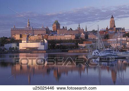 Stock Photograph -  Canada, Quebec, Quebec City from the marina at Vieux Port on the St. Lawrence River (Fleuve Saint-Laurent) at [sunrise, sunset].. Fotosearch