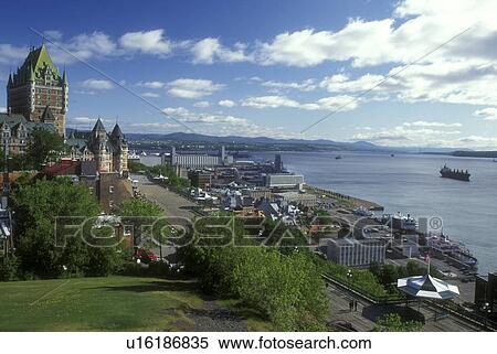 Canada, Quebec, Quebec City, Scenic view of the St. Lawrence River (Fleuve Saint-Laurent) and Chateau Frontenac in Old Quebec City. View Large Photo Image Stock Photography - Canada, Quebec, Quebec City, Scenic view of the St. Lawrence River (Fleuve Saint-Laurent) and Chateau Frontenac in Old Quebec City.. Fotosearch
