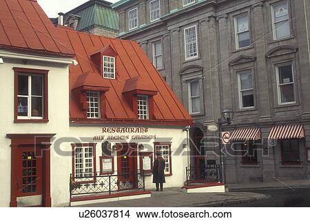 Picture -  Canada, Quebec, Restaurant with red roof along Rue St. Louis in Old Quebec City . Fotosearch