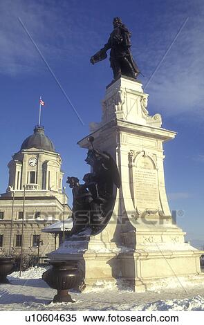 Canada, Quebec, Samuel de Champlain Monument on Terrace Dufferin in winter in Old Quebec City., View Large Photo Image Stock Photography - Canada, Quebec, Samuel de Champlain Monument on Terrace Dufferin in winter in Old Quebec City., . Fotosearch
