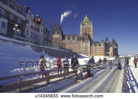 Canada, Quebec, Toboggan slide track on Terrace Dufferin at the Winter Carnival in Old Quebec City with Chateau Frontenac in background., View Large Photo Image Stock Image - Canada, Quebec, Toboggan slide track on Terrace Dufferin at the Winter Carnival in Old Quebec City with Chateau Frontenac in background., . Fotosearch