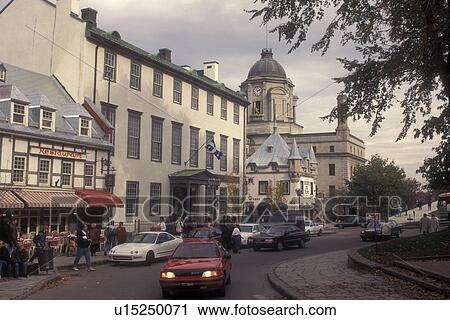 Canada, Quebec, Tourists walking around Place D'Armes on Rue Ste. Anne in Old Quebec City.,  View Large Photo Image Stock Image -  Canada, Quebec, Tourists walking around Place D'Armes on Rue Ste. Anne in Old Quebec City., . Fotosearch