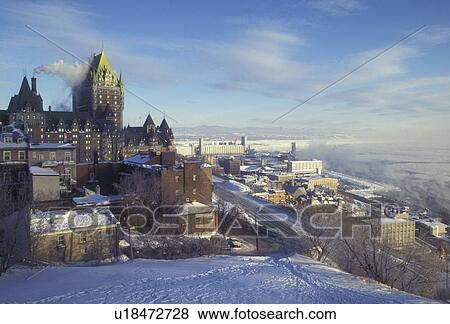 Stock Photo -  Canada, Quebec, View of Chateau Frontenac and Terrace Dufferin Old Quebec City in winter., . Fotosearch