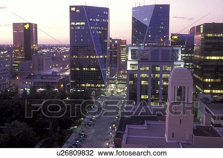 Canada, Saskatchewan, Regina, Aerial of downtown Regina in the evening. View Large Photo Image Stock Image - Canada, Saskatchewan, Regina, Aerial of downtown Regina in the evening.. Fotosearch
